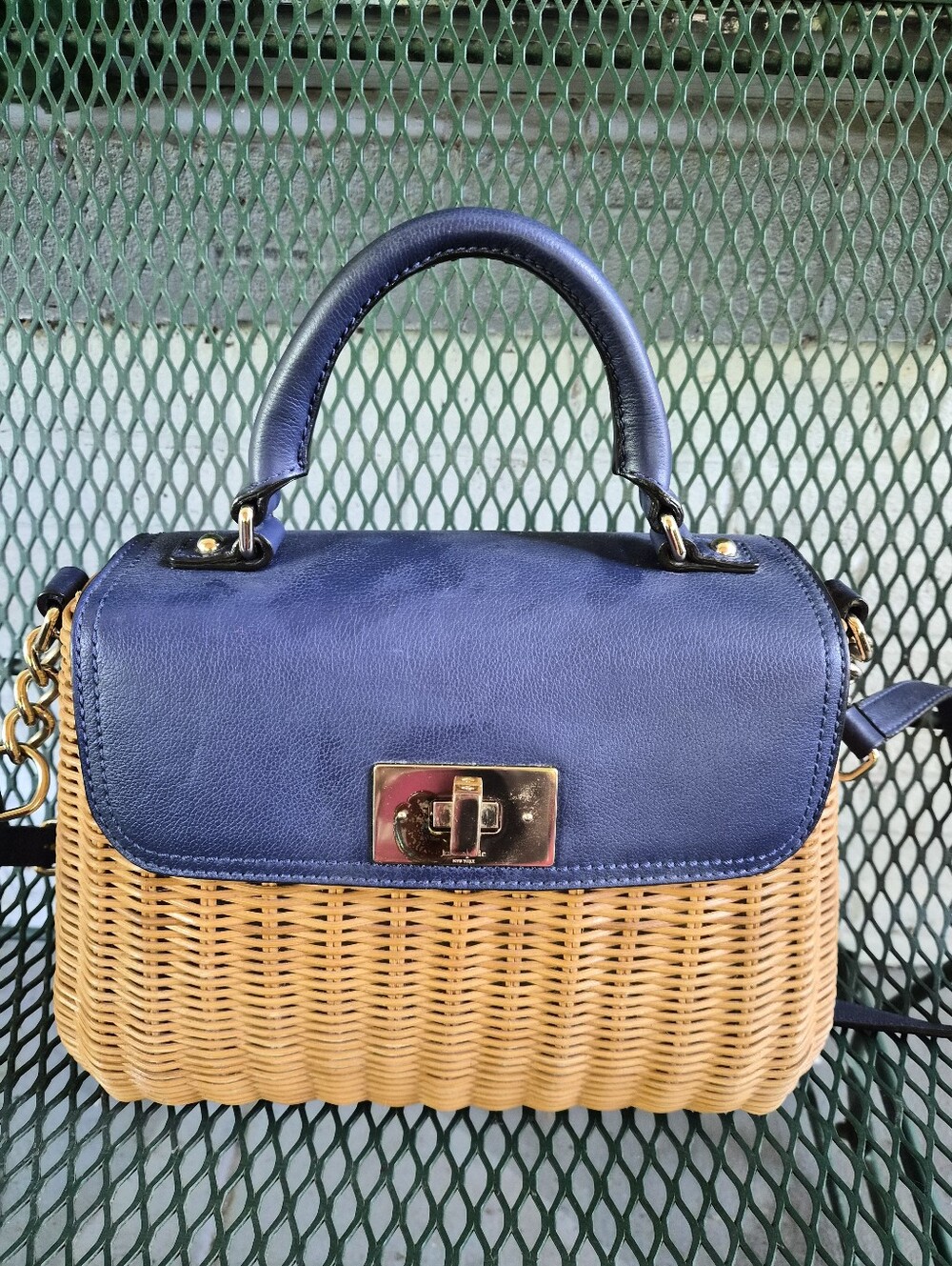 Kate Spade New York wicker and blue leather top-handle crossbody bag